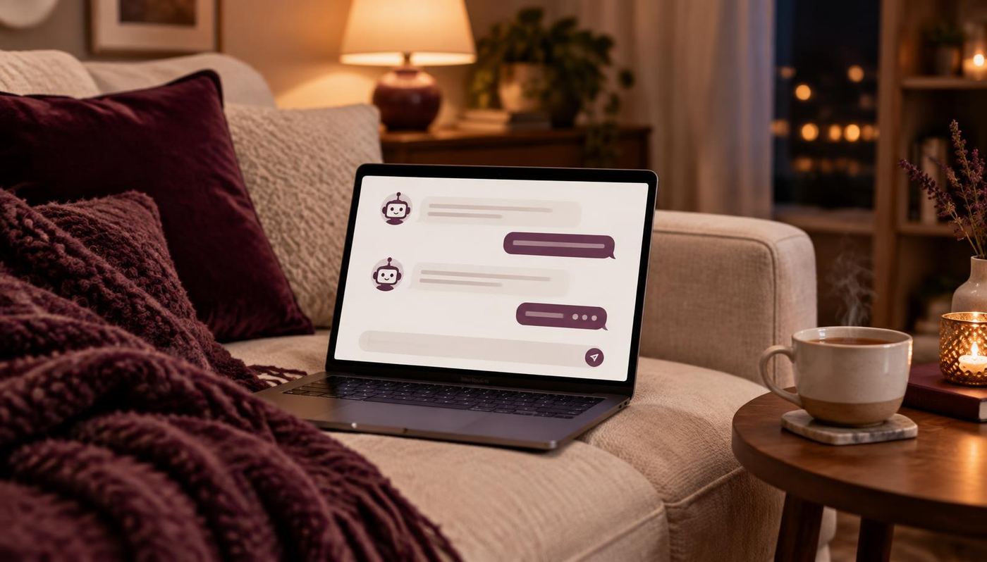 A laptop on a cozy couch at night showing a friendly chat conversation