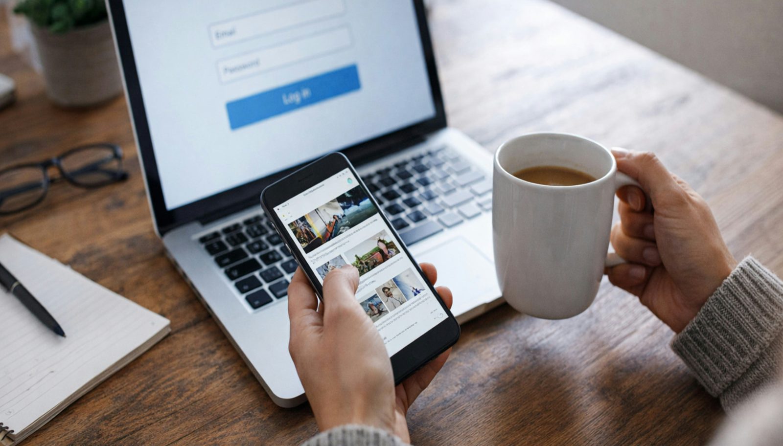 Hands holding a phone and a mug of coffee in front of a laptop