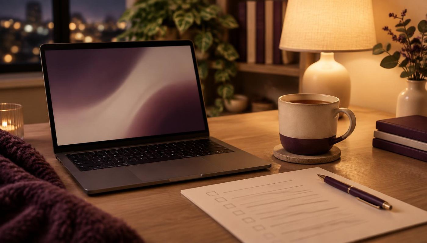 A laptop and a paper checklist on a desk at night beside a warm mug of tea