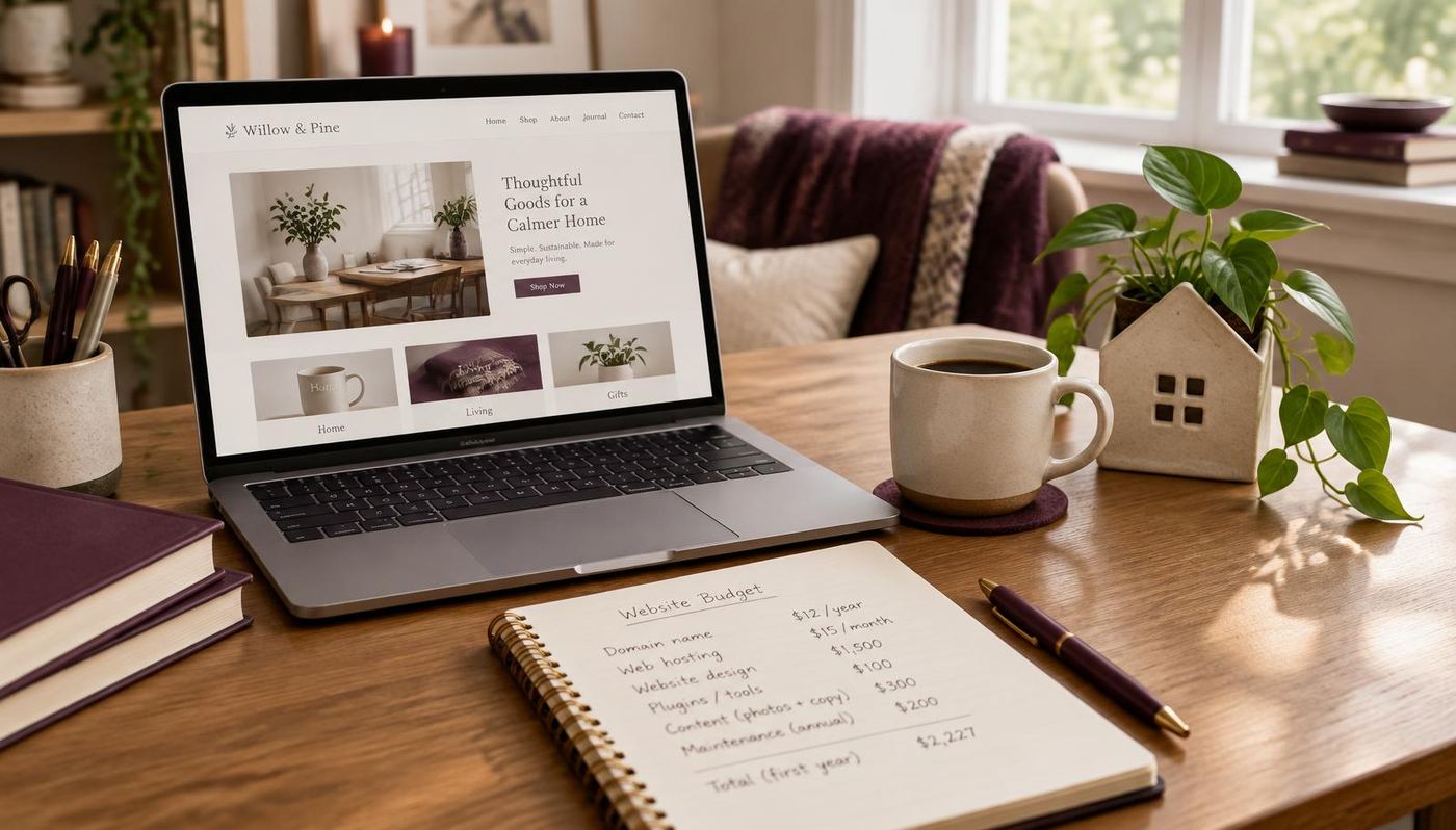 A laptop showing a small business website beside a notebook with a handwritten website budget