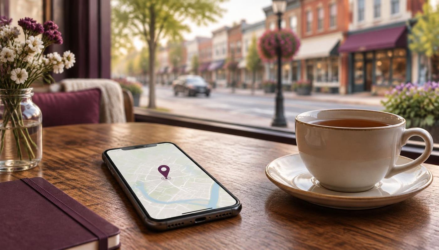 A phone showing a map with a location pin on a cafe table overlooking a small town main street
